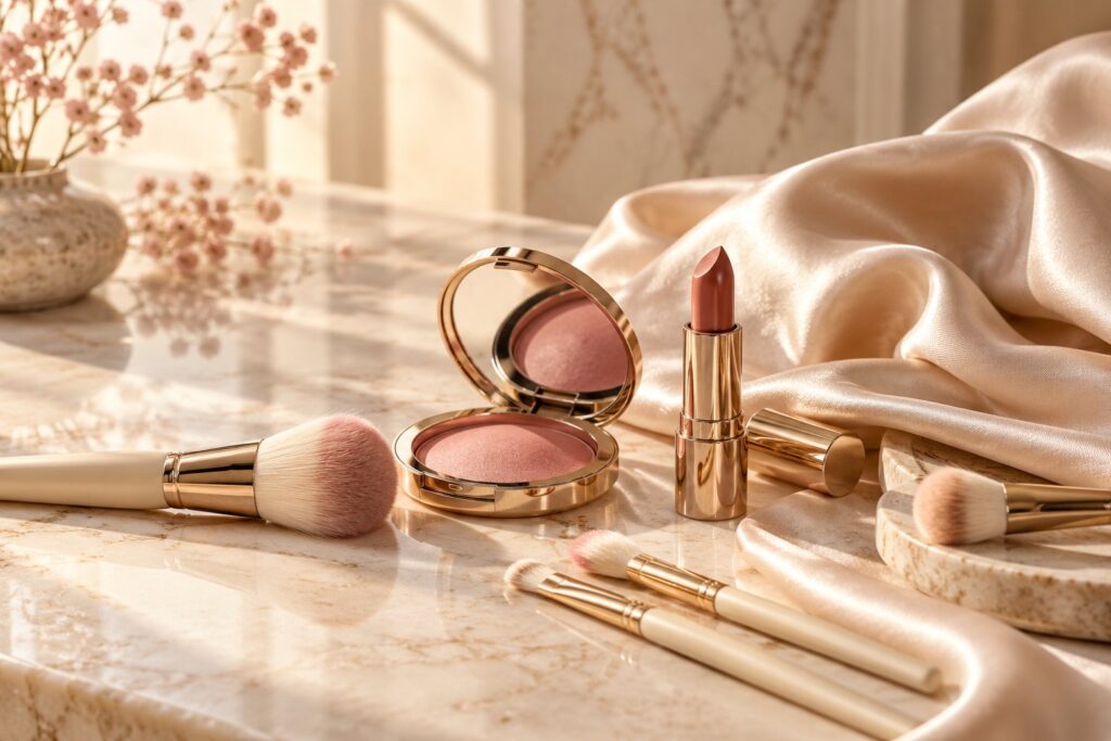 AI concept still life of makeup tools; temporary preview imagery
